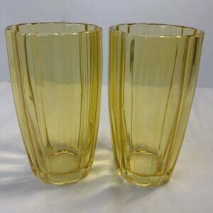 Scalloped 12oz Yellow Glass Tumblers Set of 2 Drinking Glasses 5.5'' Tall